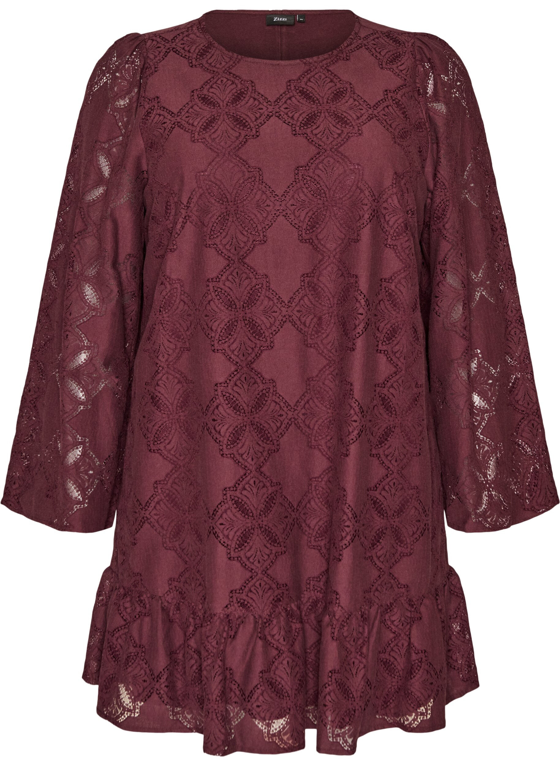 ZizzifashionLace dress with long sleeves and ruffle hem, Dark Bordeaux, Packshot image number 0