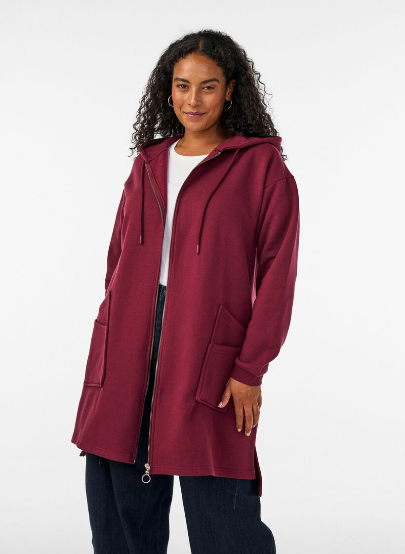 Long hooded cardigan with zipper, Red, Model image number 0