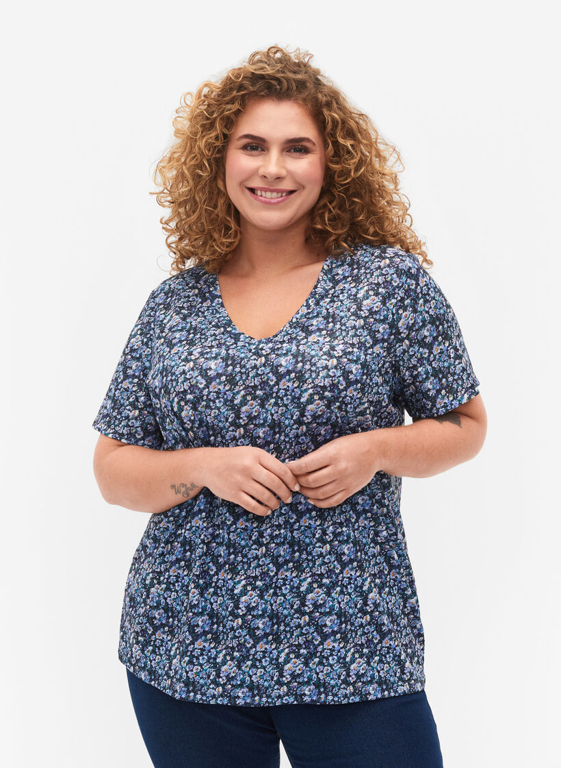FLASH - Printed t-shirt with v-neck, Blue Green Ditsy, Model image number 0