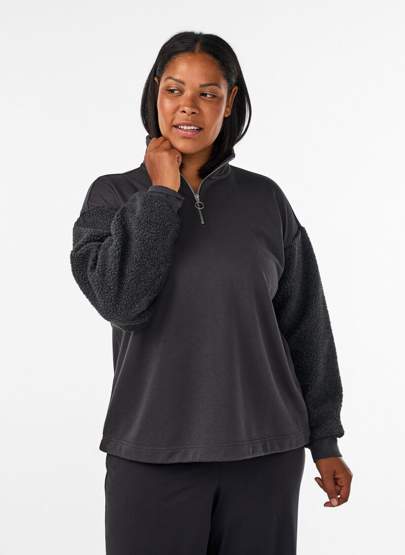 Sweatshirt with teddy sleeves and a high neck, Dark Grey, Model image number 0