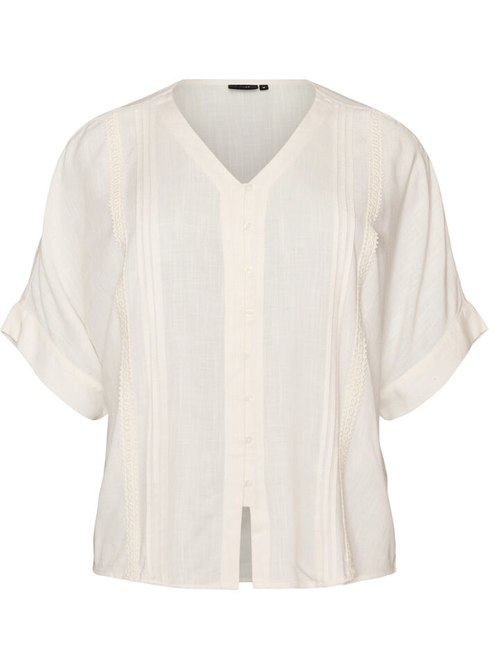 Viscose blouse with crochet trim and buttons, Vanilla, Packshot image number 0