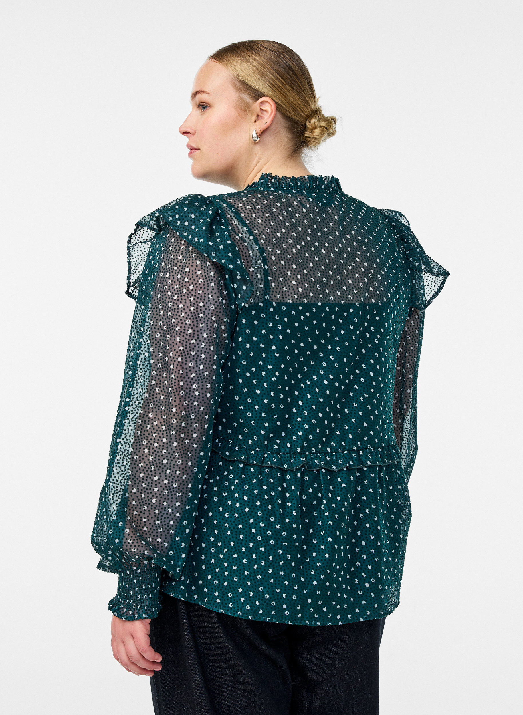 Zizzifashion Chiffon blouse with ruffle details and small dots, Green, Model image number 2