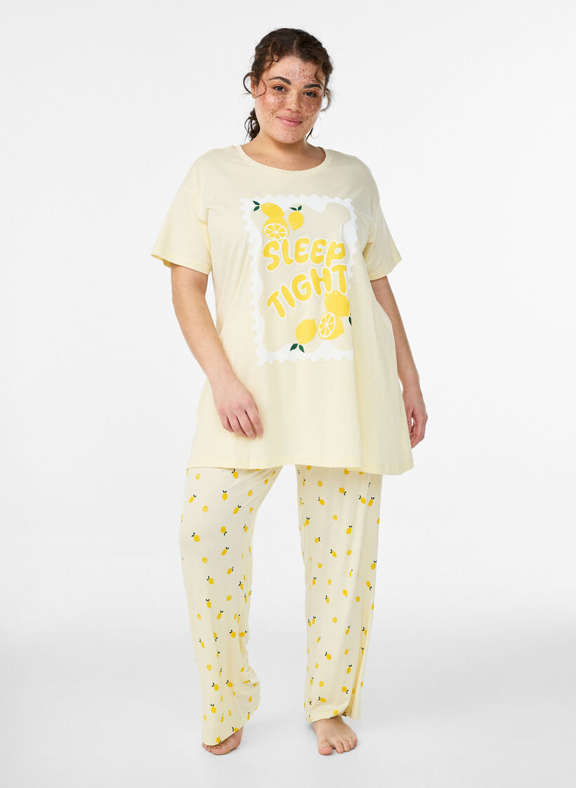Pyjama trousers in soft jersey with high waist and fruit print, Yellow, Model image number 0
