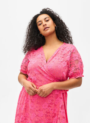 Wrap dress with lace and short sleeves, Pink Carnation, Model image number 2