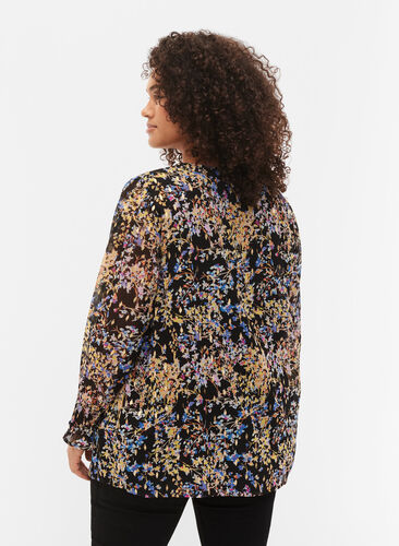 Floral blouse with long sleeves and v neck, Black/Vibrant Flower, Model image number 1