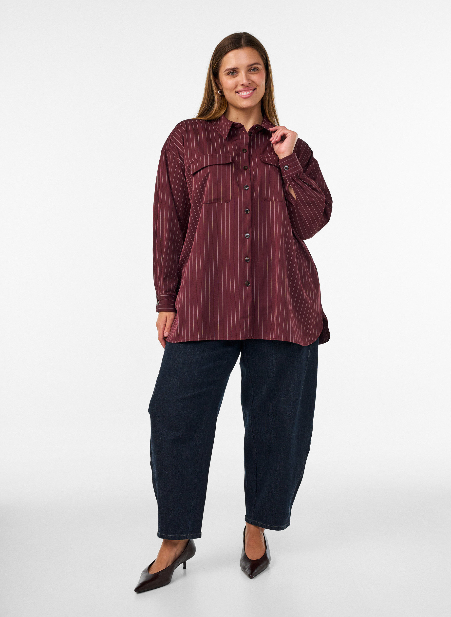 ZizzifashionPinstripe shirt with chest pockets, Red, Model image number 1