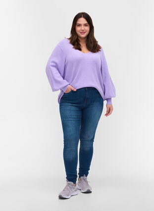 Knitted blouse with v-neck and puff sleeves, Purple Rose Mel, Model image number 3