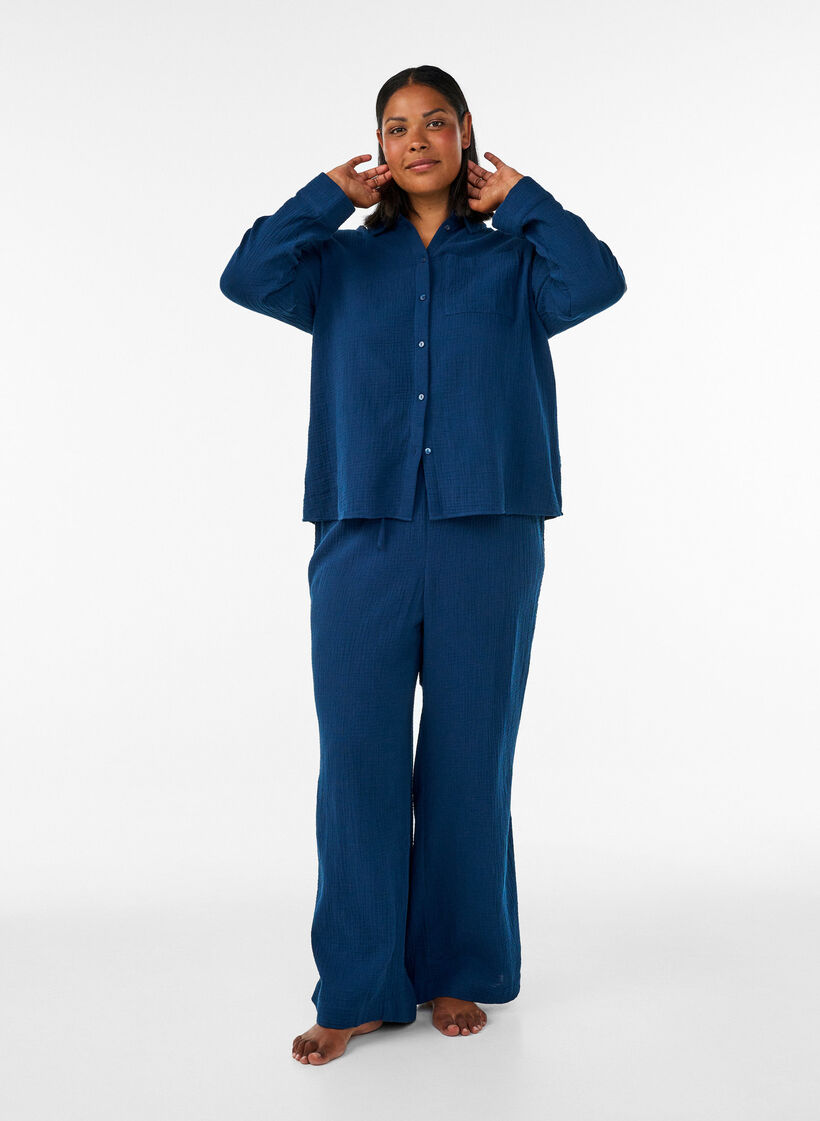 Loose cotton muslin pyjama bottoms, Blue, Model image number 0