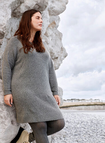 Long-sleeved knitted dress with a round neck, Dark Grey Melange, Image image number 1