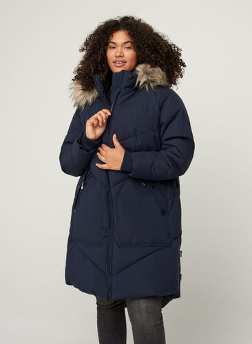 Winter coat with a hood and faux fur trim , Night Sky, Model image number 0