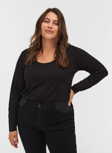 Long sleeve, viscose basic blouse, Black, Model image number 0