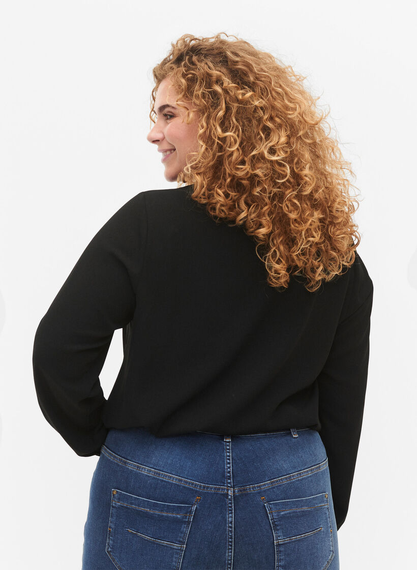 V-neck blouse with lace trim, Black, Model image number 1