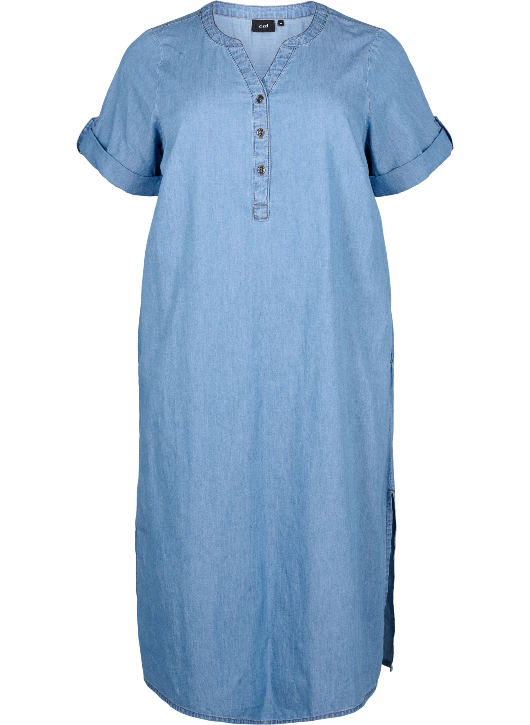 Zizzifashion Denim dress with slit and short sleeves, Blue denim, Packshot image number 0