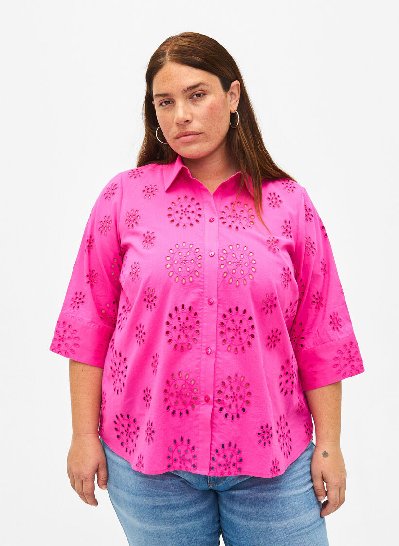 Shirt blouse with embroidery anglaise and 3/4 sleeves, Raspberry Rose, Model image number 0