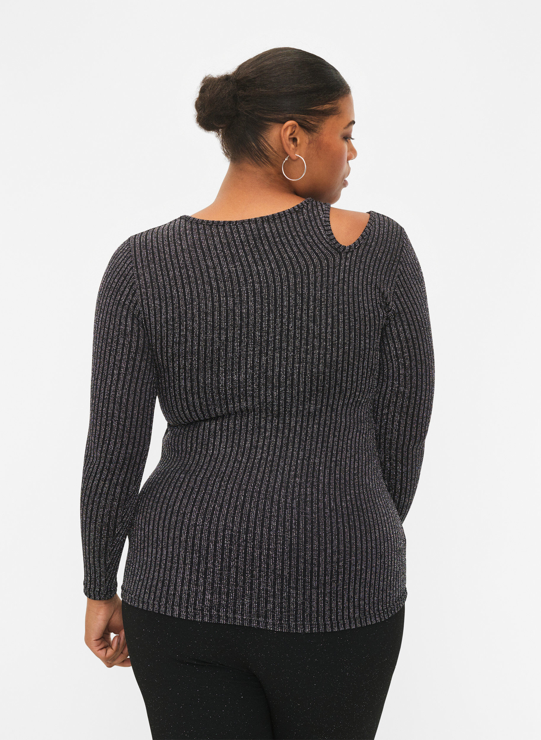 Zizzifashion Long sleeve cut-out blouse with glitter, B. w. Silver Stripes, Model image number 1