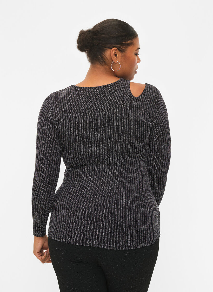 Long sleeve cut-out blouse with glitter, B. w. Silver Stripes, Model image number 1