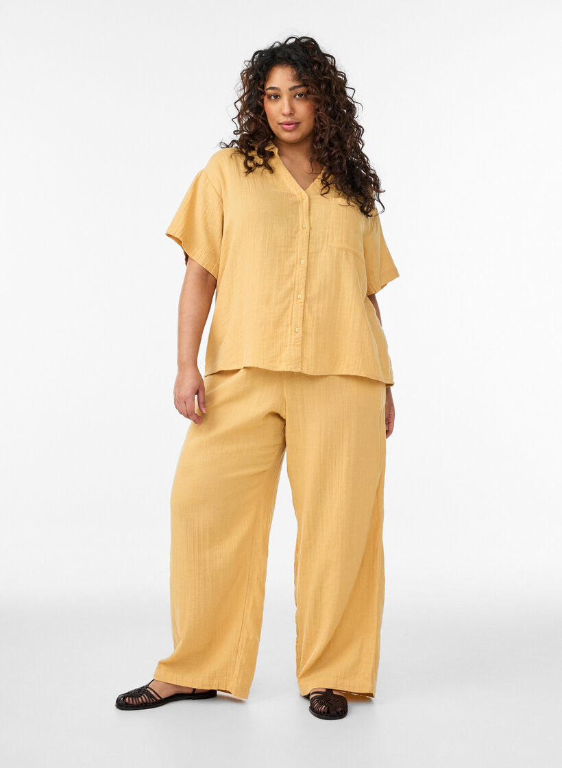 Cotton muslin blouse with short sleeves, Yellow, Model image number 1