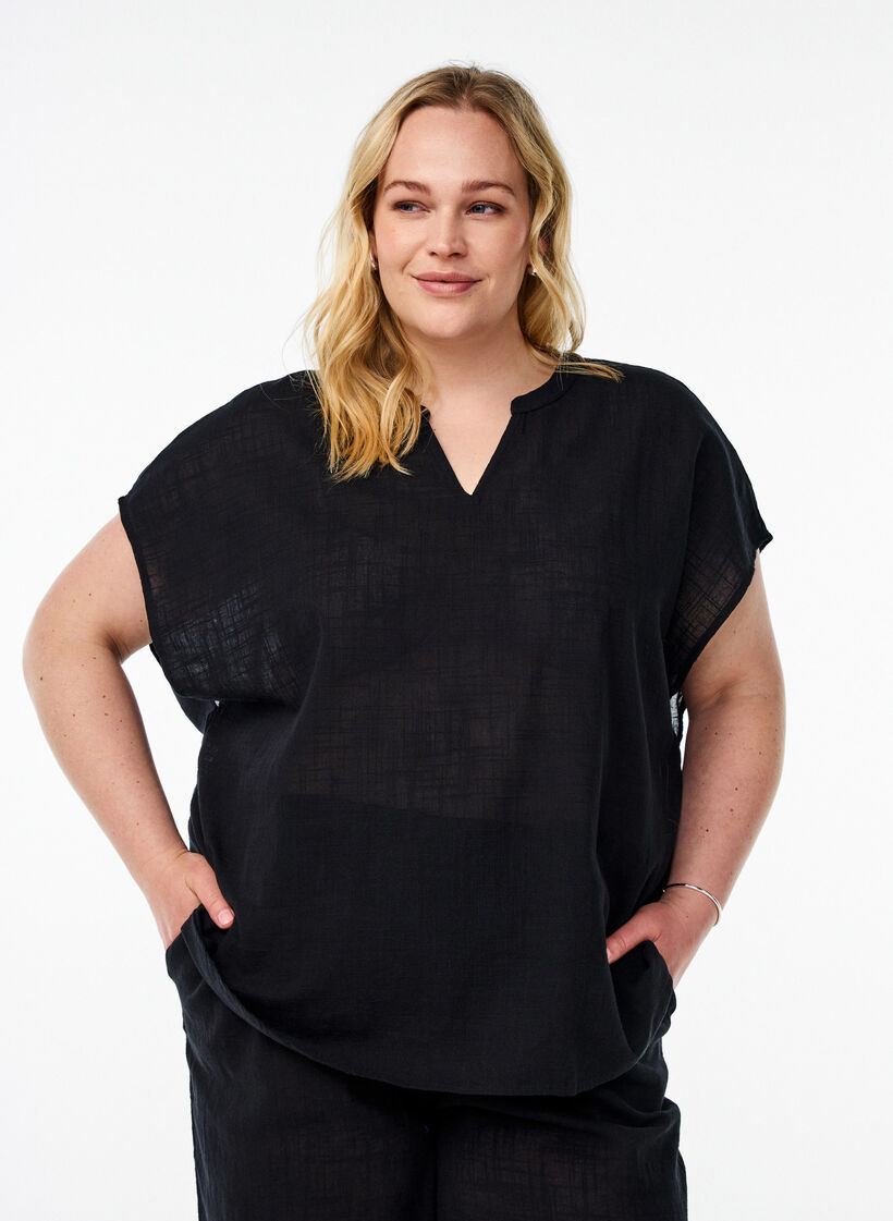 Loose blouse with cap sleeves, Black, Model image number 0