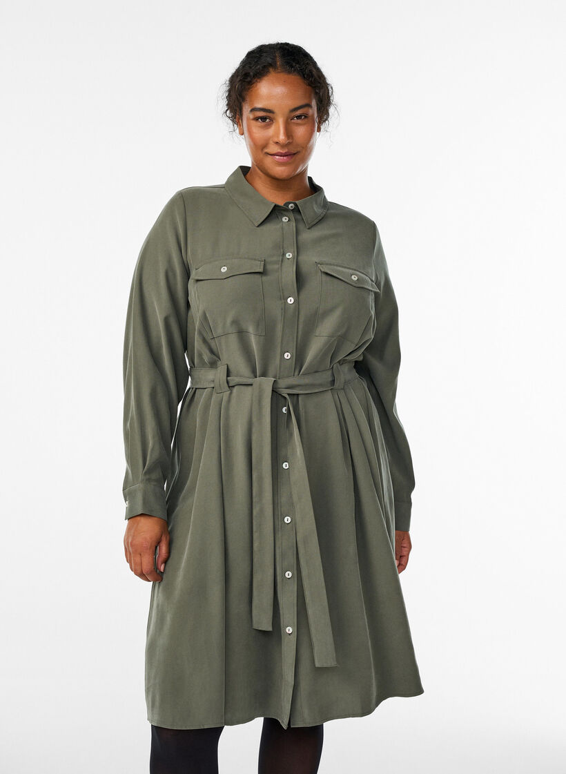 Shirt dress with tie belt and long sleeves, Green, Model image number 0