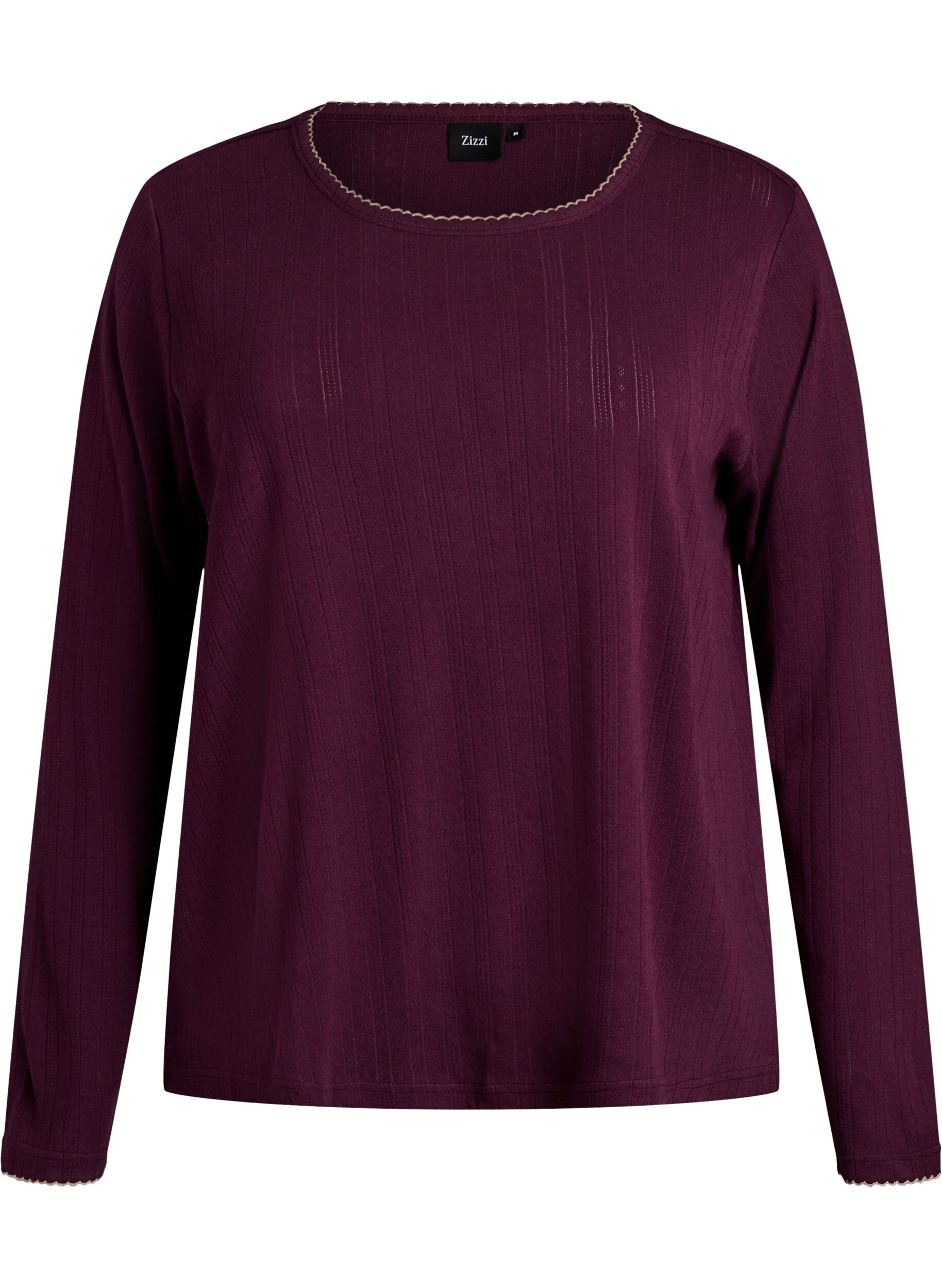 ZizzifashionOrganic cotton pyjama top with eyelet embroidery, Dark Bordeaux, Packshot image number 0