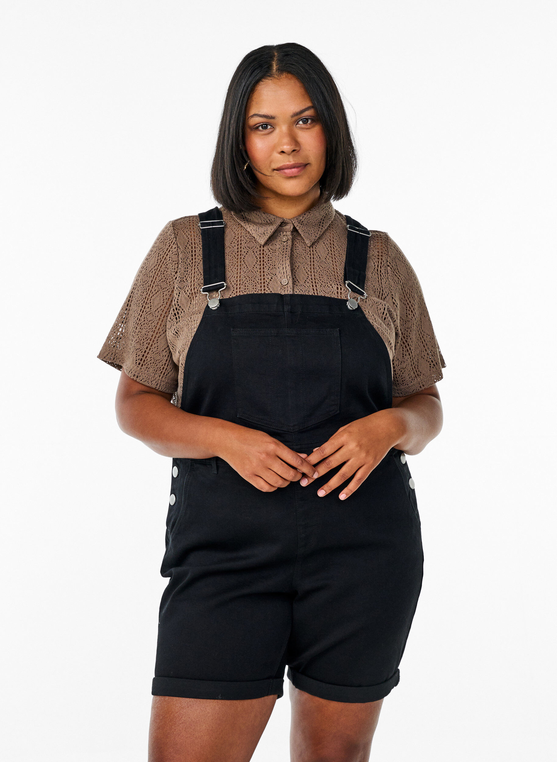 Denim overalls shorts, Black, Model