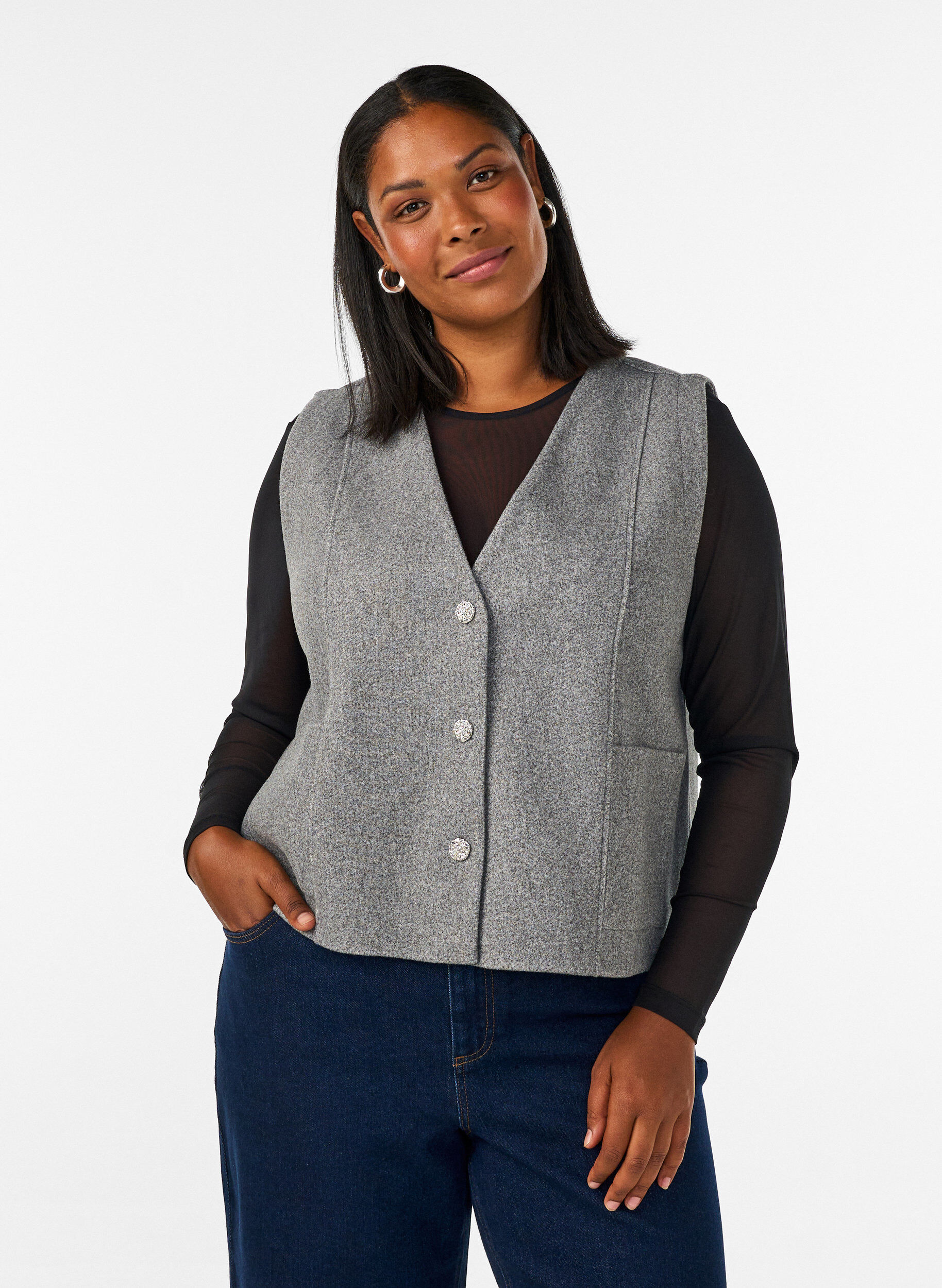 V-neck vest with buttons, Grey, Model