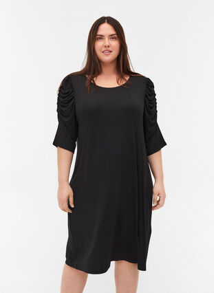 Plain viscose dress with 2/4 sleeves, Black, Model image number 0