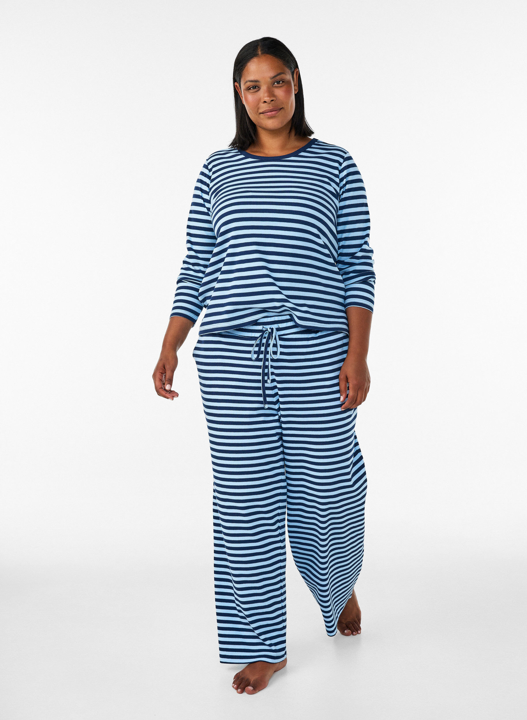 ZizzifashionLong-sleeved night top in ribbed jersey with stripes, Blue, Model image number 1