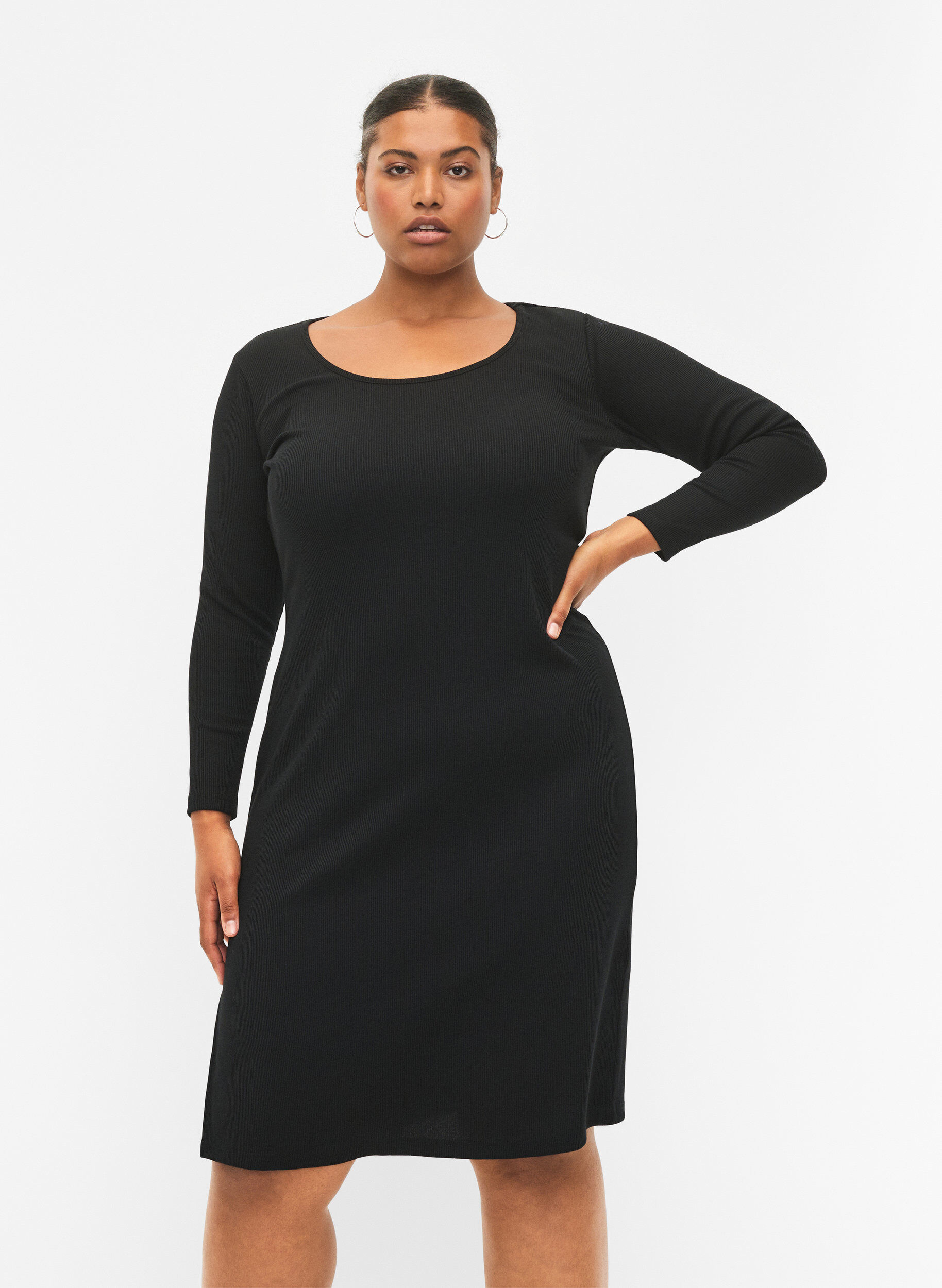 Zizzifashion Tight-fitting dress with long sleeves and a slit, Black, Model image number 0