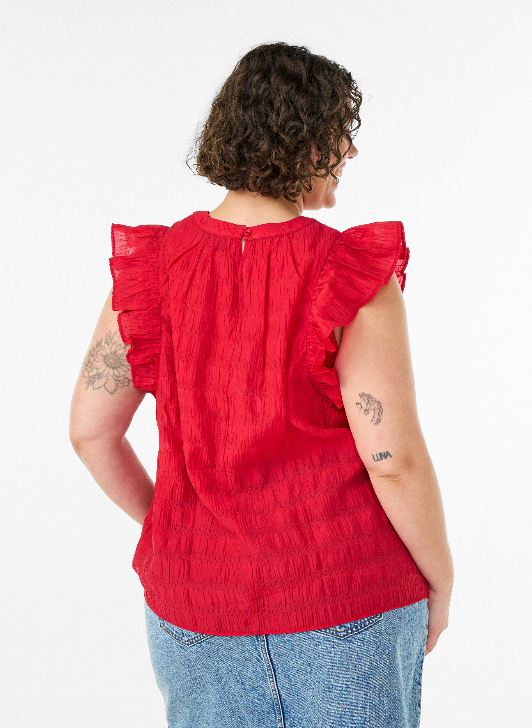 ZizzifashionSleeveless blouse with texture and ruffles, Red, Model image number 2