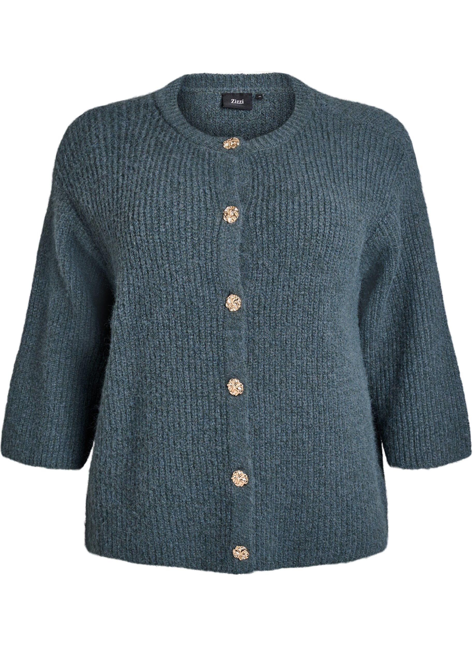 Short cardigan with 3/4-sleeves and golden textured buttons