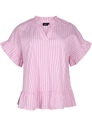Striped blouse with peplum and ruffle details, Pink Red Stripe, Packshot image number 0
