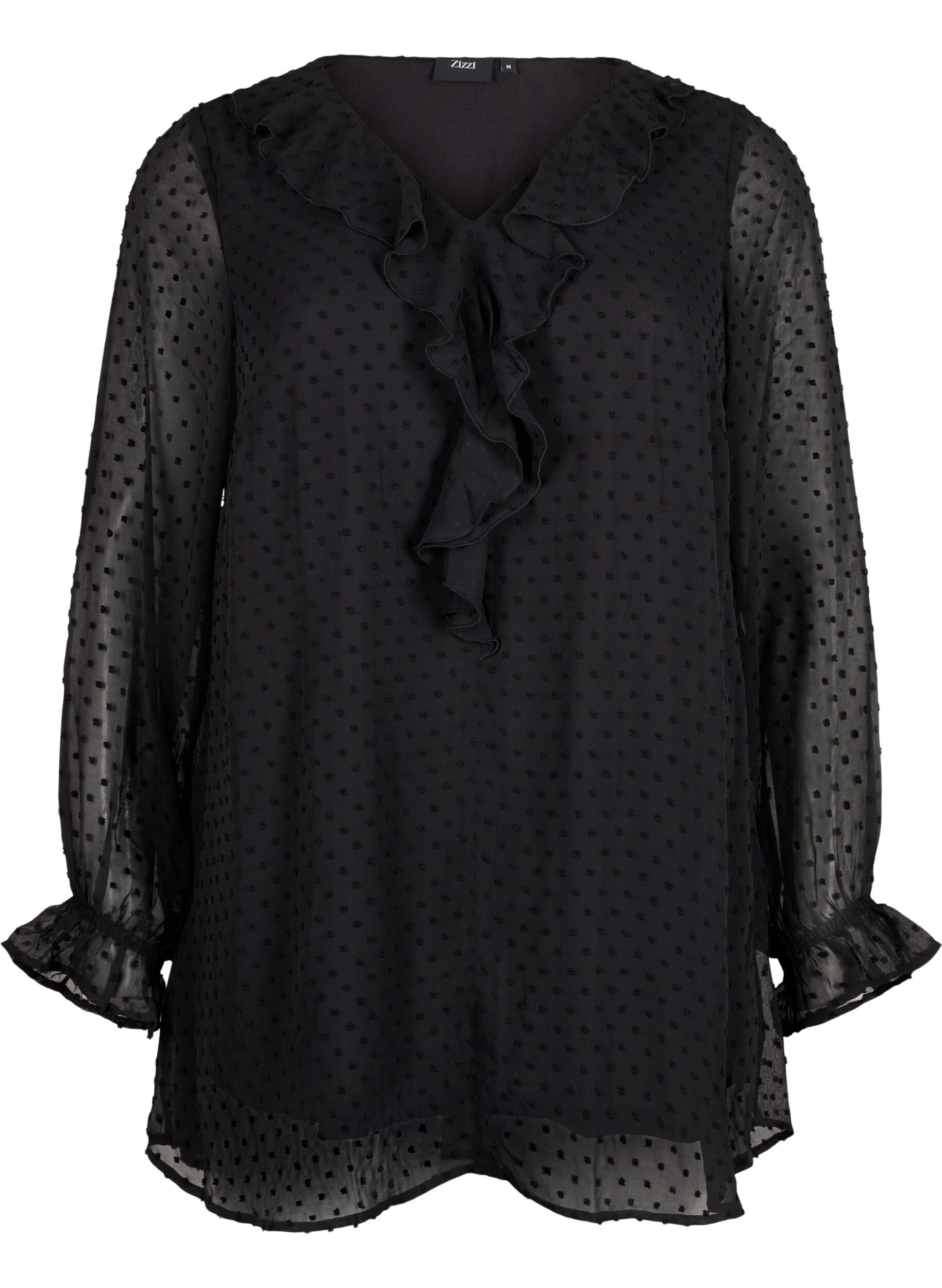 Zizzifashion Tunic with ruffles and dotted texture, Black, Packshot image number 0