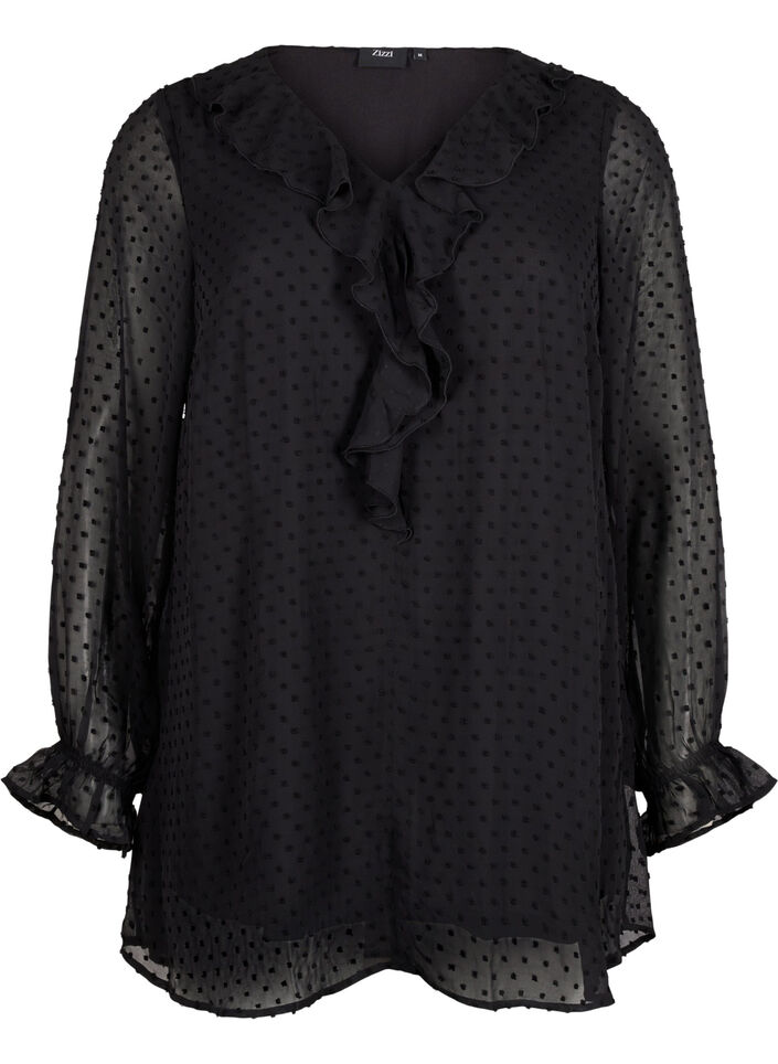 Tunic with ruffles and dotted texture, Black, Packshot image number 0