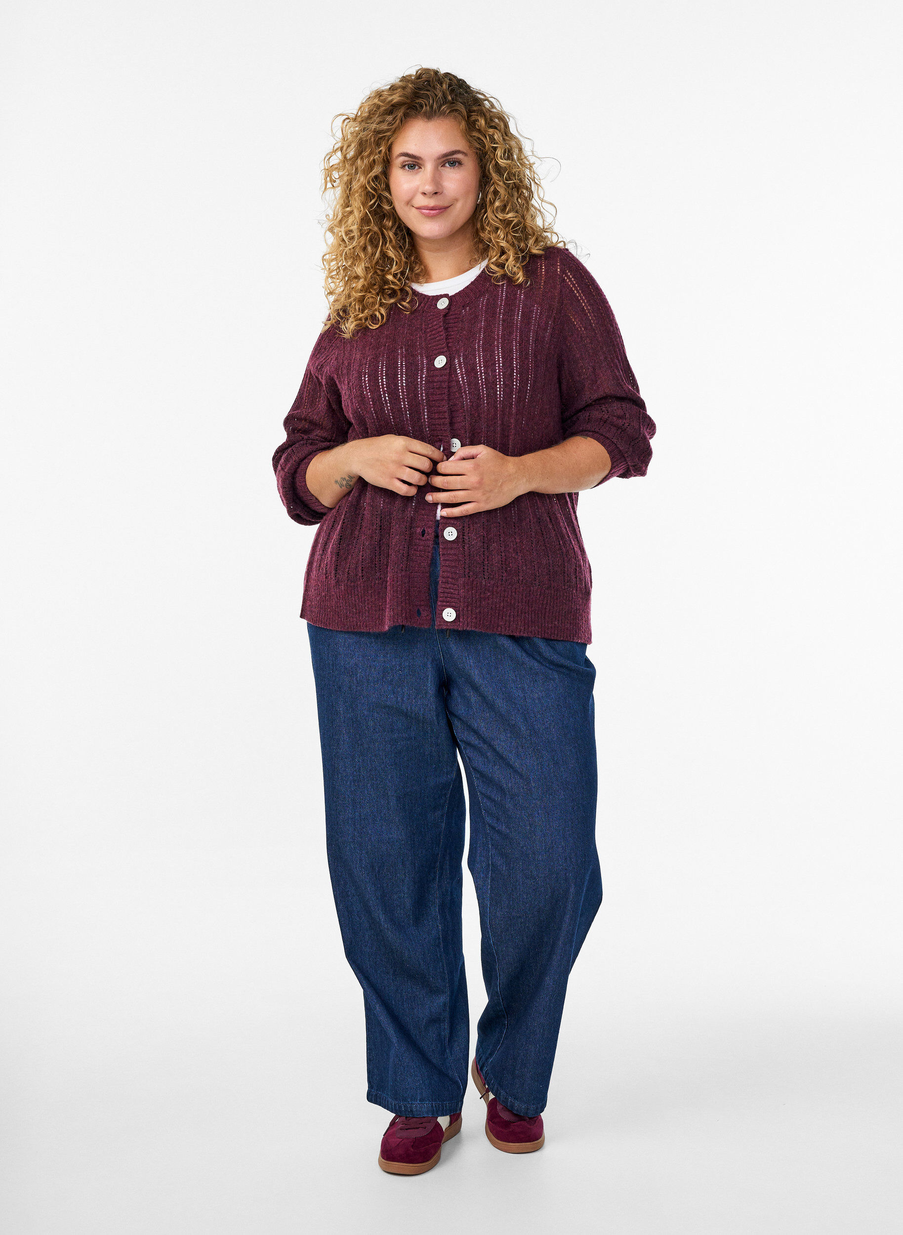 ZizzifashionKnitted cardigan with openwork pattern, Dark Bordeaux, Model image number 1