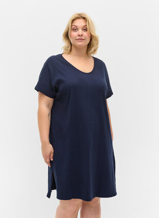 Short-sleeved cotton dress in rib knit, Navy Blazer, Model image number 0