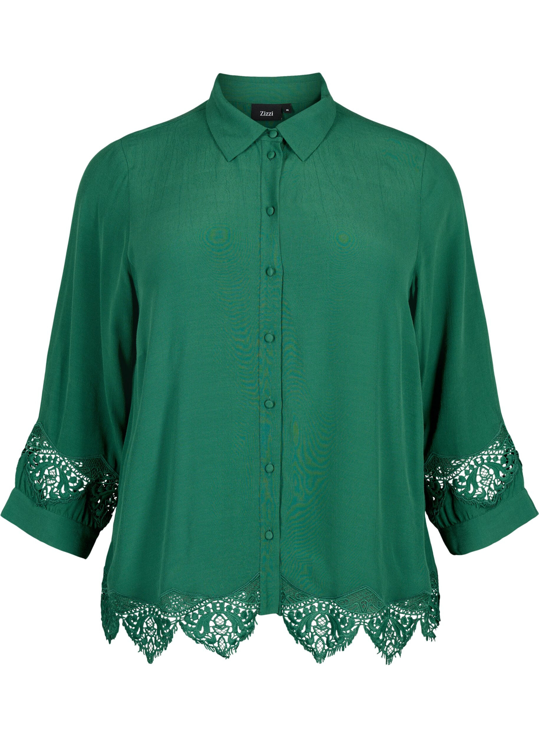 Zizzifashion Viscose shirt with 3/4 sleeves and embroidery details, Hunter Green, Packshot image number 0