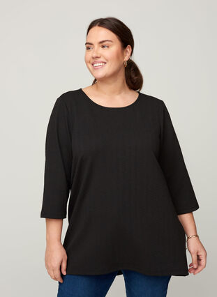 Textured blouse with 3/4 length sleeves, Black, Model image number 0