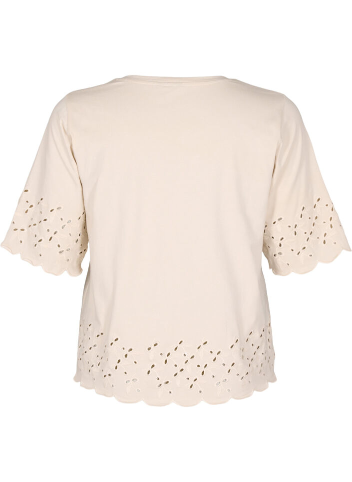 T-shirt with broderie anglaise and scalloped edges, Beige, Packshot image number 1