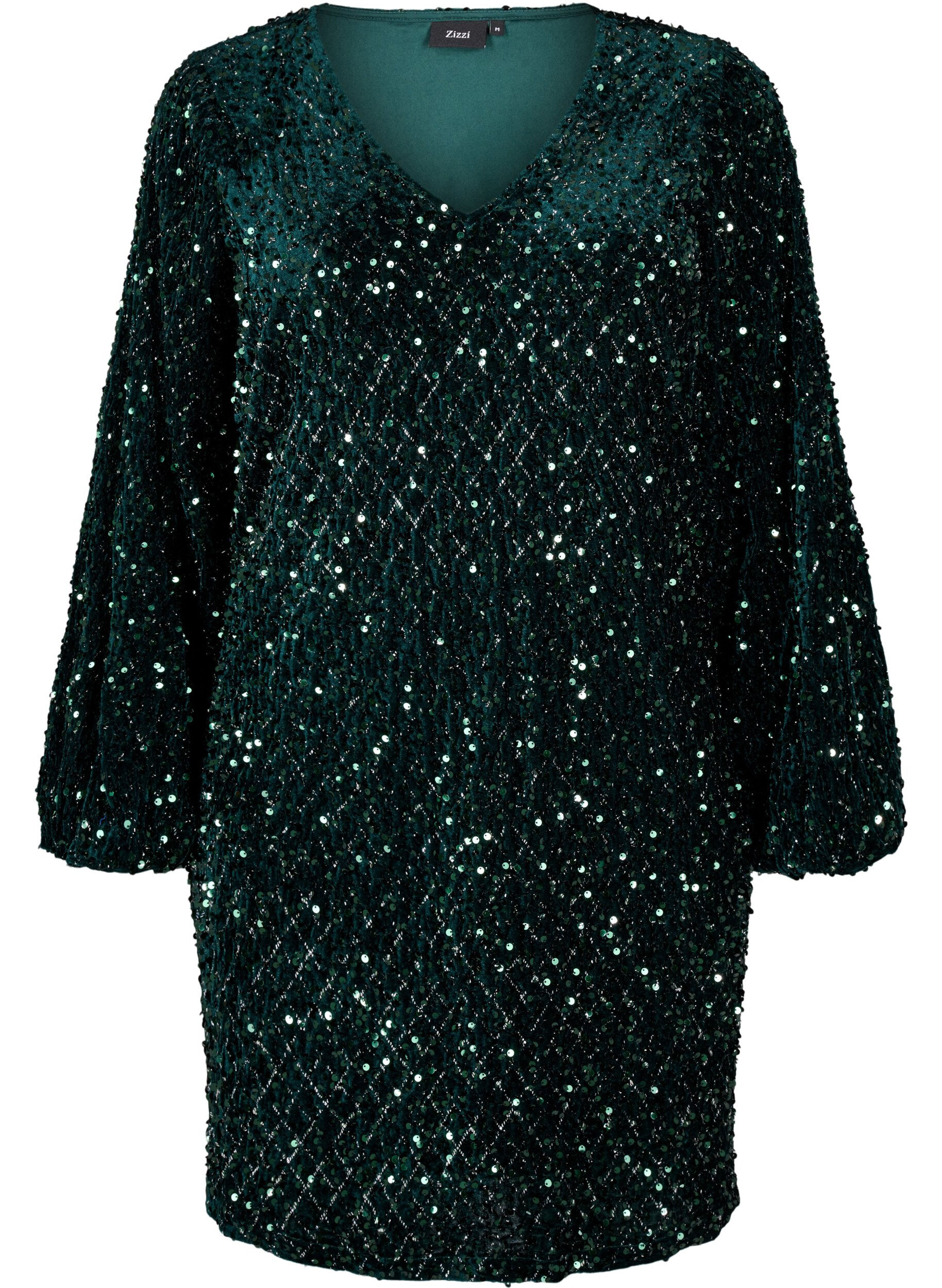 Zizzifashion Sequin dress with a V-neck and check pattern, Rain Forest Sequins, Packshot image number 0