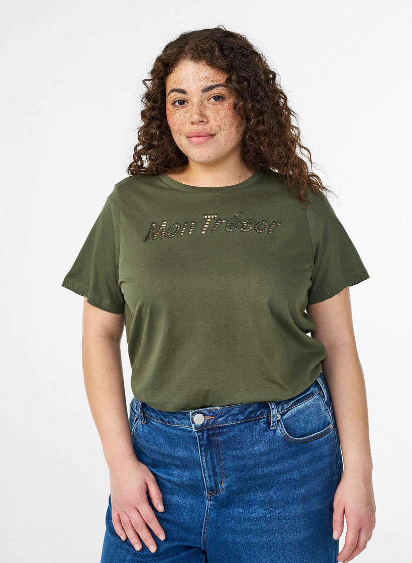 Cotton t-shirt with decorative front detail, Green, Model image number 0