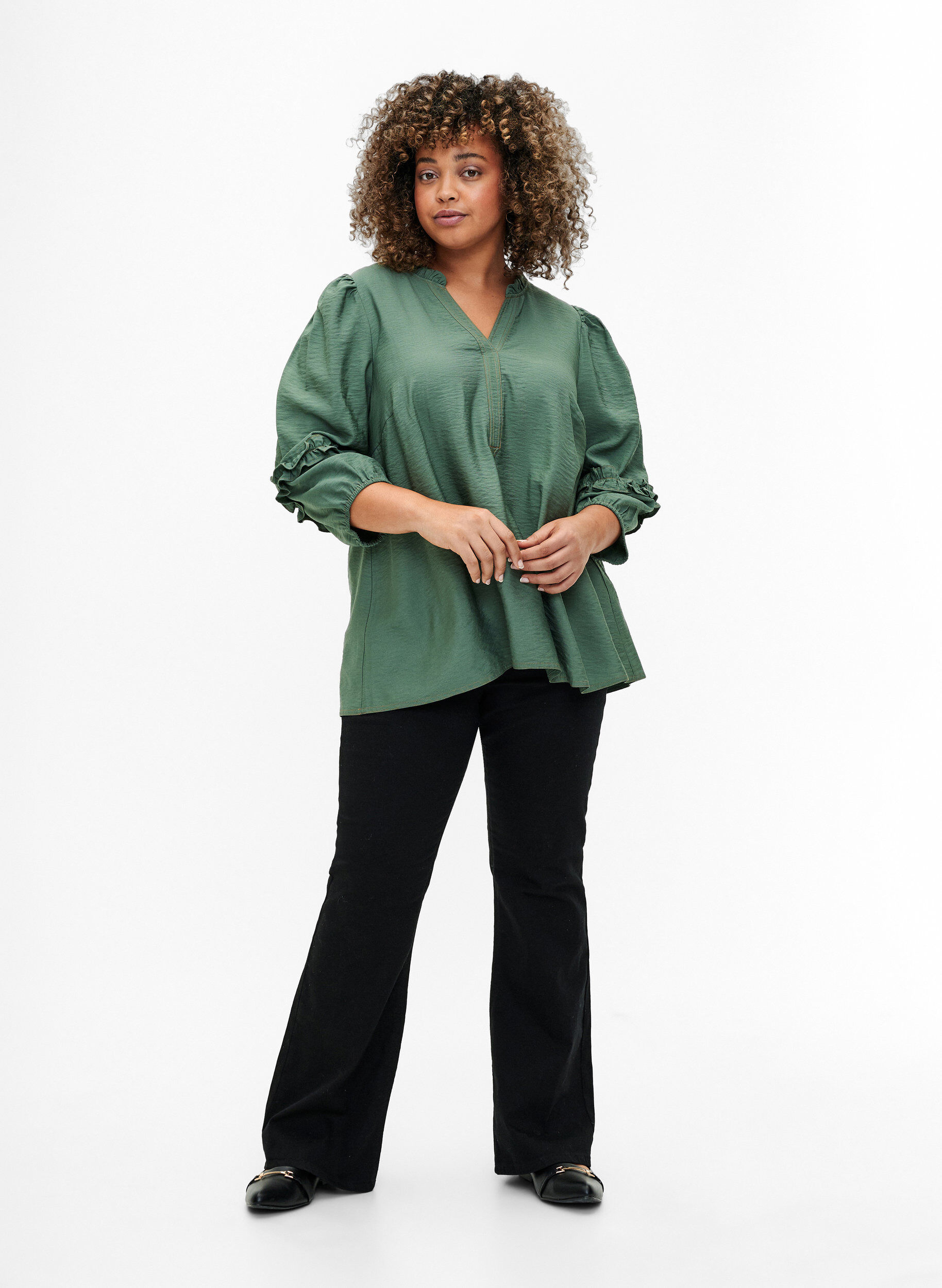 Zizzifashion Blouse with ruffles, Duck Green, Model image number 2