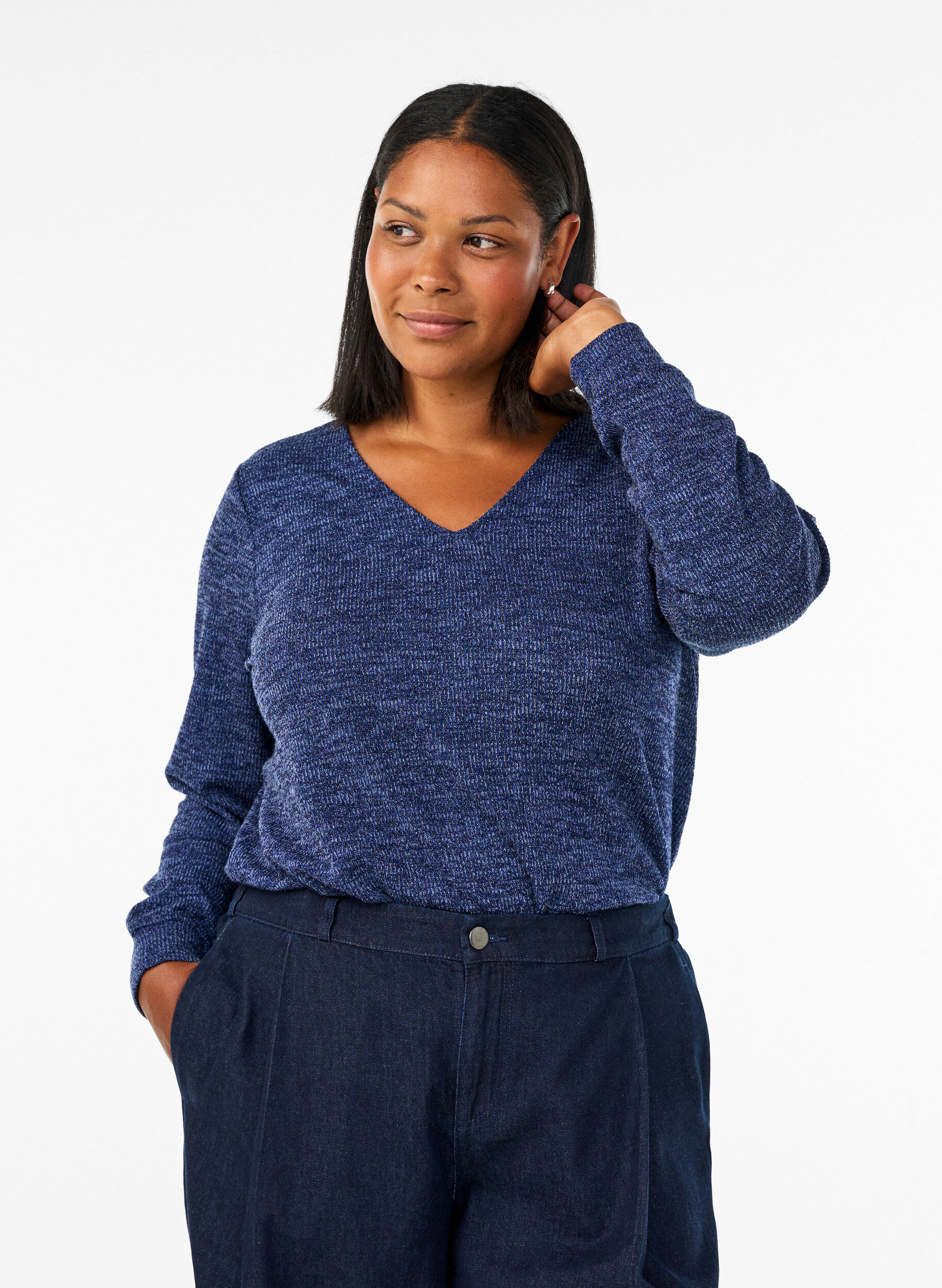 ZizzifashionJersey blouse with a V-neck and long sleeves, Blue, Model image number 0