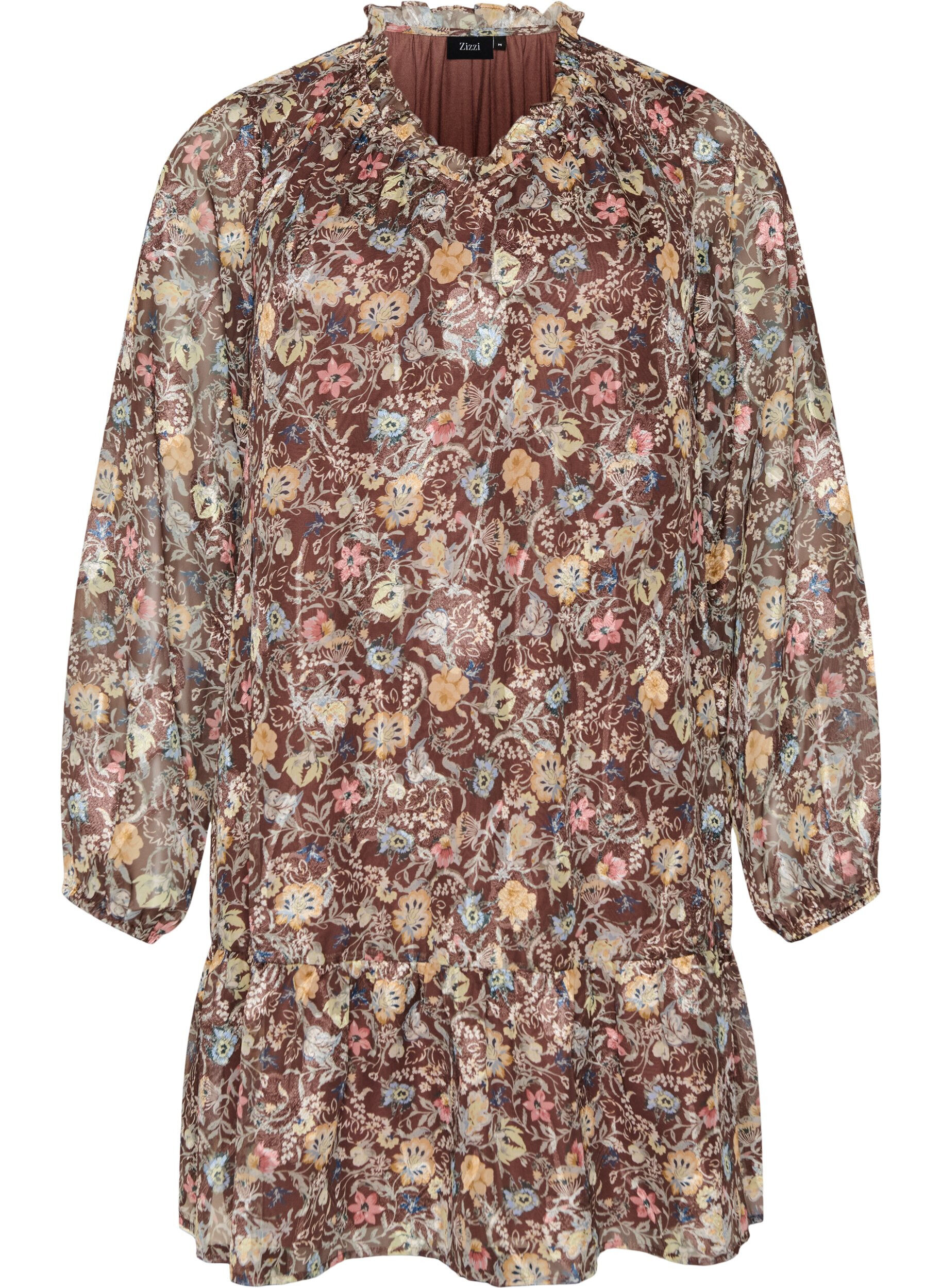 ZizzifashionChiffon dress with floral print and ruffle layers, Brown, Packshot image number 0