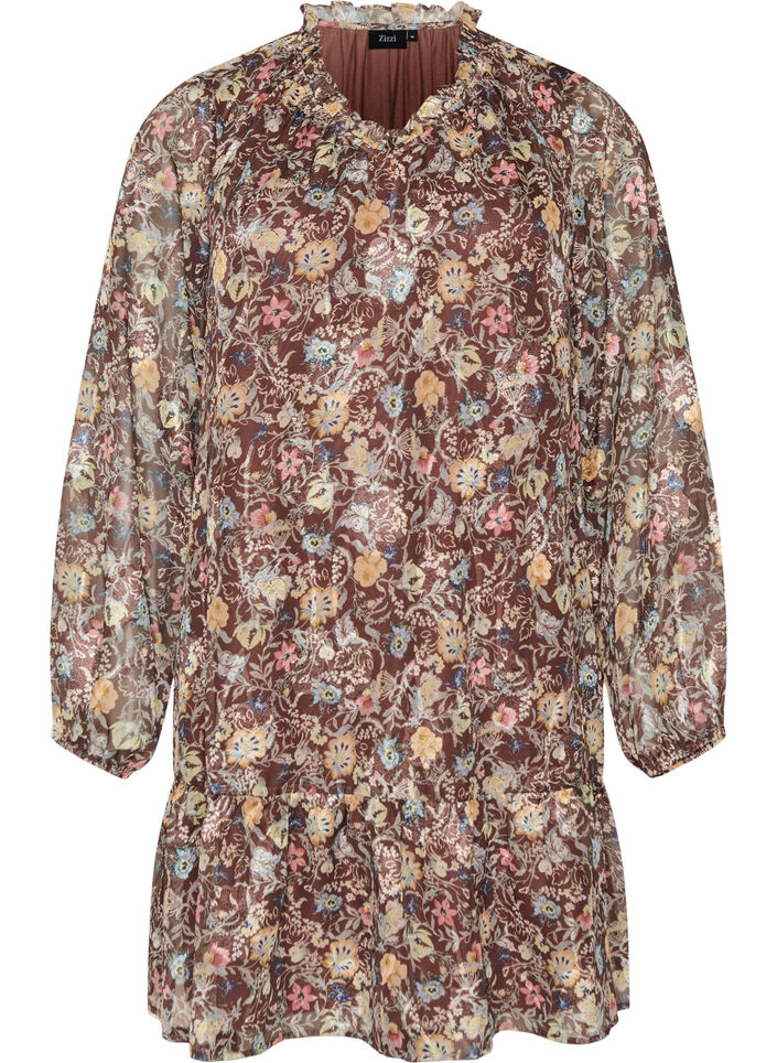 Chiffon dress with floral print and ruffle layers, Brown, Packshot image number 0