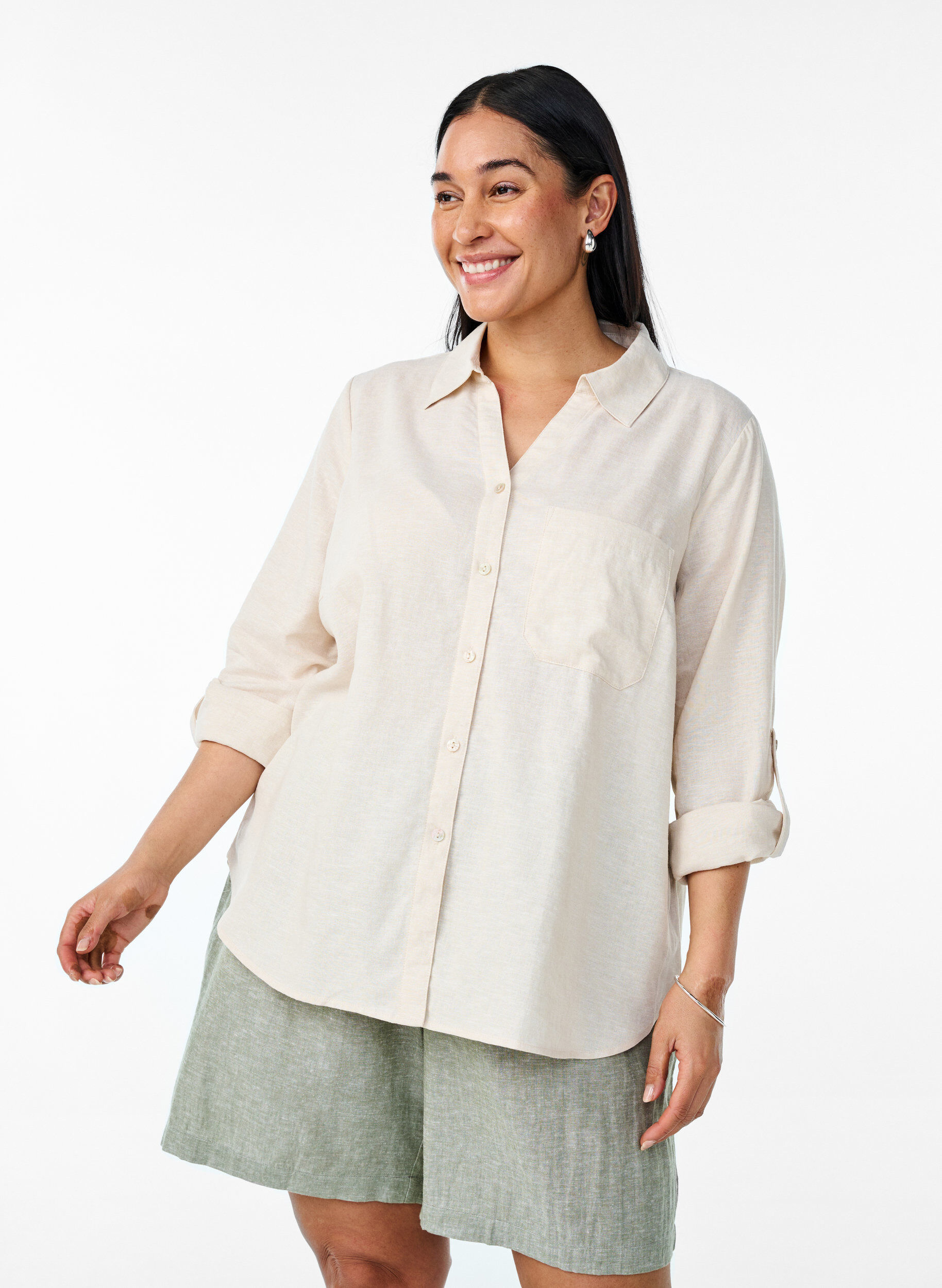 ZizzifashionShirt in linen and viscose with 3/4 sleeves, Beige, Model image number 0