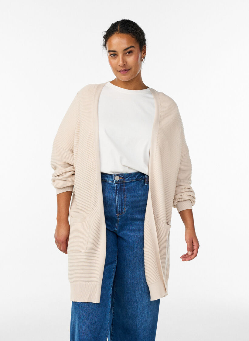 Long rib-knitted cotton cardigan, Beige, Model image number 0