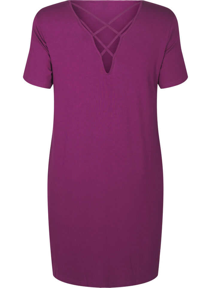 Short sleeve viscose nightgown with back detail, Purple, Packshot image number 1