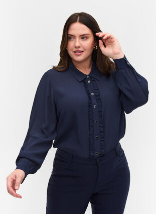Viscose shirt with buttons and frill details, Navy Blazer, Model image number 0