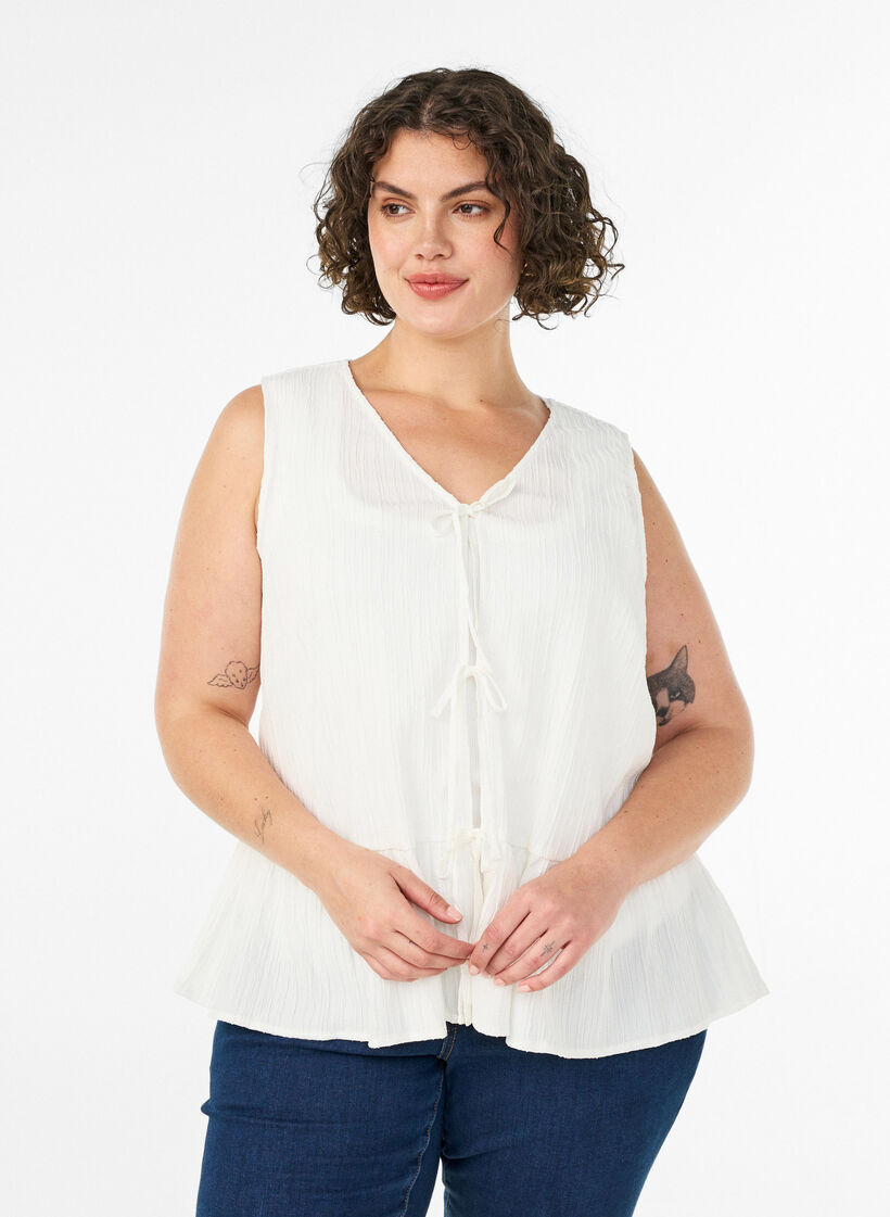 Sleeveless blouse with texture and a tie fastening, Vanilla, Model image number 0